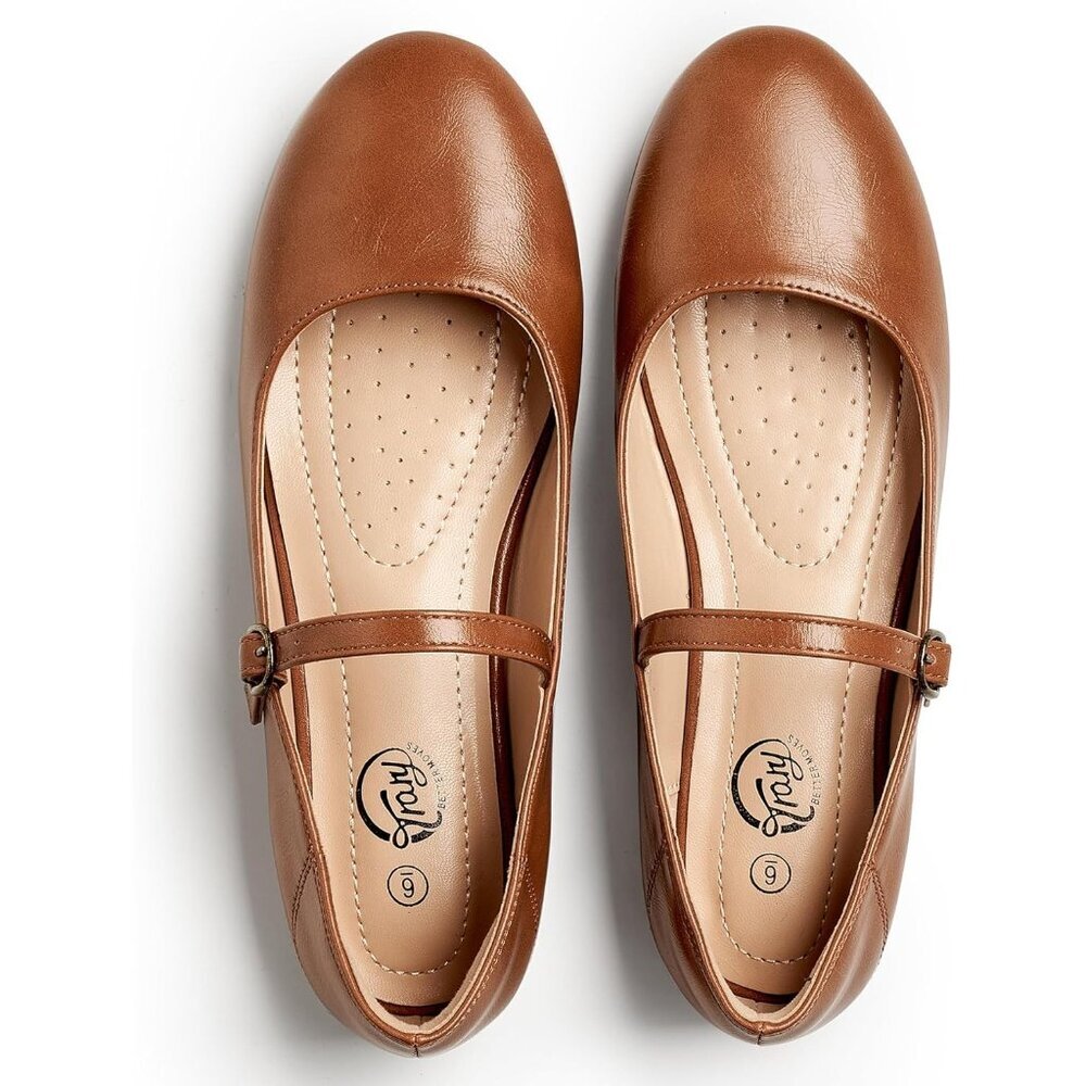 Trary Women Brown Leather Round Toe Mary Jane Ankle Strap Ballet Flats Shoes - Picture 3 of 6